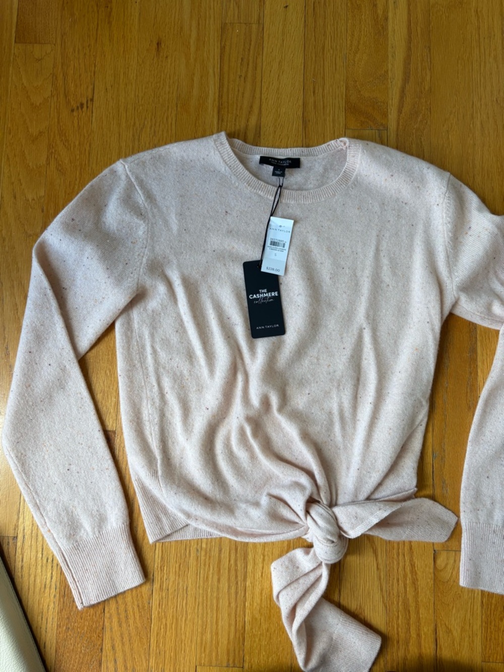 Ann Taylor Light Cream Cashmere-Blend Tie-Hem Crewneck Sweater